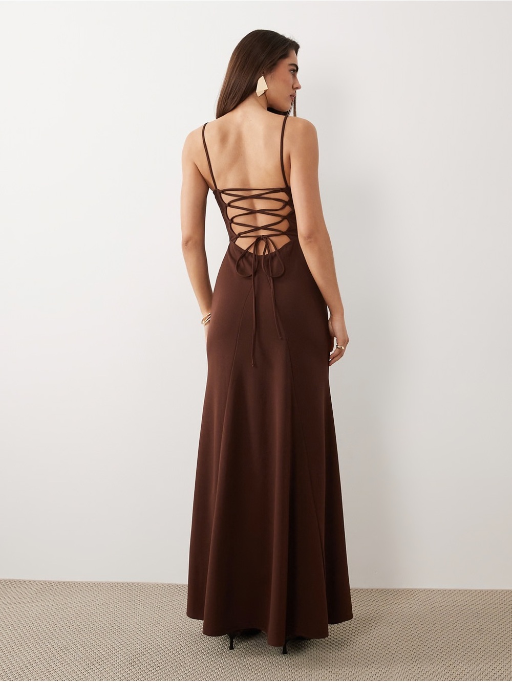 ASOS Square Neck Lace Up Maxi Dress in Chocolate